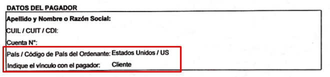 datos del pagador del formulario S18 del banco Galicia, de una operación de comercio exterior.