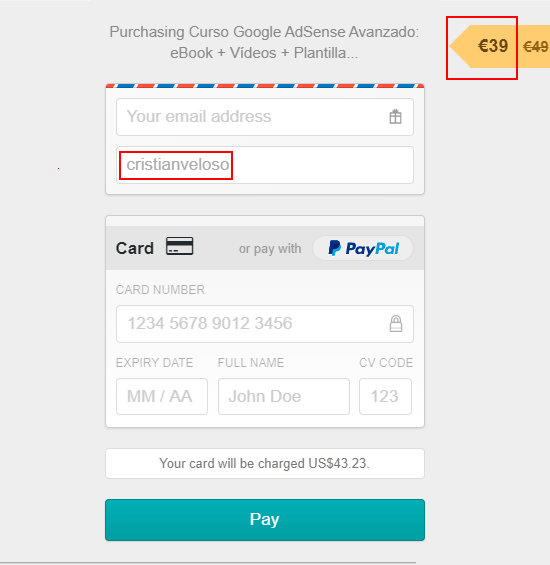 Formulario de pago con descuento del 20% del curso de Google AdSense.
